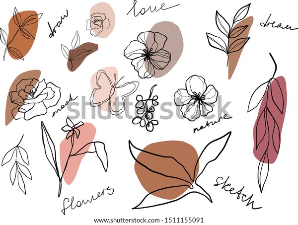 One Continuous Flowers Butterfly Leaf Drawing Stock Vector