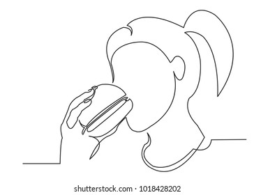 one continuous girl line drawn biting a hamburger drawn from the hand a picture of the silhouette. Line art. character woman eating fast food