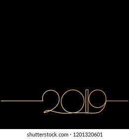 One continuous gold line drawing 2019. Vector new year illustration isolated on white background