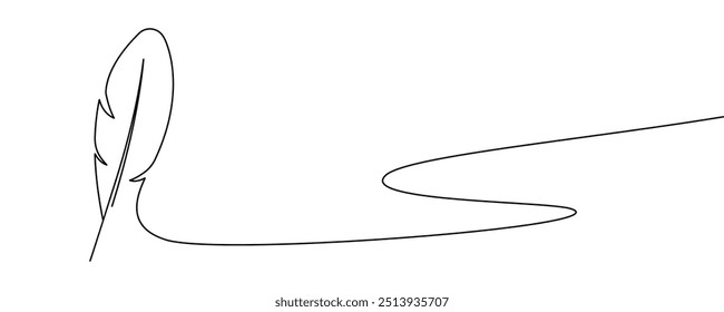 One continuous hand drawn bird feather on white background. Writes letter.