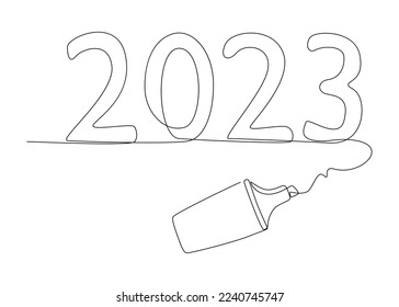 One continuous line of 2023 number written with a pencil. Thin Line Illustration vector concept. Contour Drawing Creative ideas.