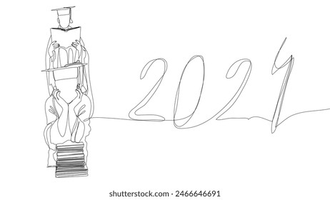 Una línea continua de Graduación 2024. Concepto de Vector de ilustración de línea delgada. Contour Drawing Ideas creativas.