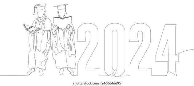Eine durchgehende Linie der Graduierung 2024. In: Thin Line Illustration Vektorgrafik Concept. Konturzeichnung Kreative Ideen.