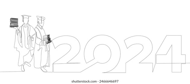 Eine durchgehende Linie der Graduierung 2024. In: Thin Line Illustration Vektorgrafik Concept. Konturzeichnung Kreative Ideen.