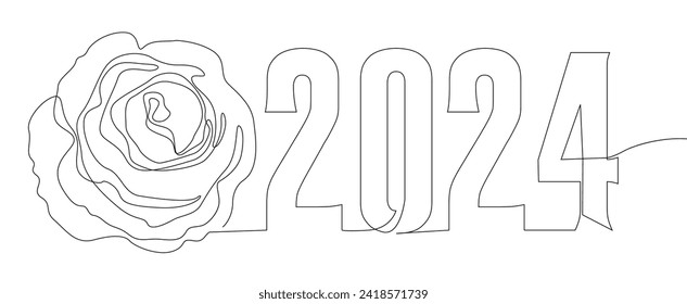 One continuous line of 2024 number with rose flowers. Thin Line Illustration vector concept. Contour Drawing Creative ideas.