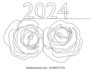 One continuous line of 2024 number with rose flowers. Thin Line Illustration vector concept. Contour Drawing Creative ideas.