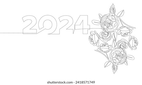One continuous line of 2024 number with rose flowers. Thin Line Illustration vector concept. Contour Drawing Creative ideas.