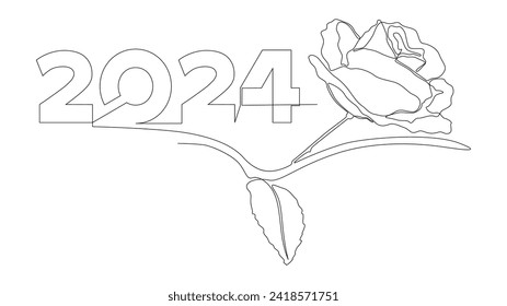 One continuous line of 2024 number with rose flowers. Thin Line Illustration vector concept. Contour Drawing Creative ideas.