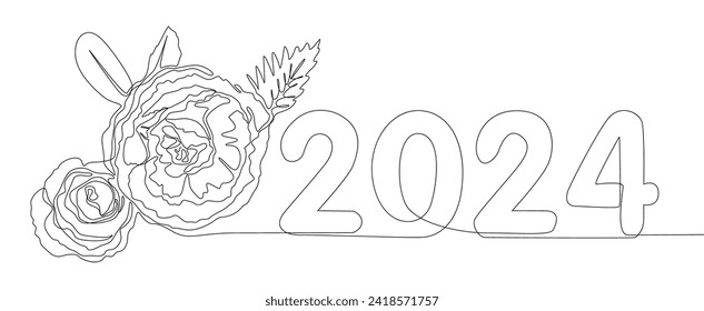 Una línea continua del número 2024 con flores de rosa. Concepto vectorial de Ilustración de líneas delgadas. Contour Drawing Ideas Creativas.