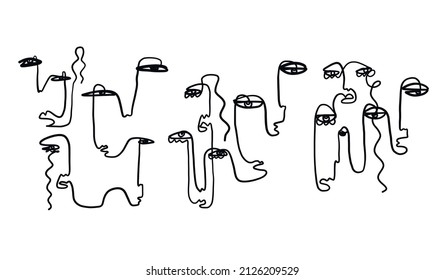 One continuous line abstract faces. Black and white minimalism style. Trendy contemporary artwork. 