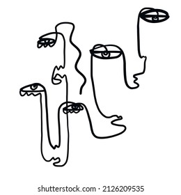 One continuous line abstract faces. Black and white minimalism style. Trendy contemporary artwork. 
