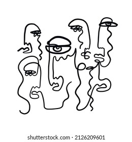 One continuous line abstract faces. Black and white minimalism style. Trendy contemporary artwork. 