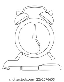 One continuous line of Alarm Clock drawn with a pencil, felt tip pen. Thin Line Illustration vector concept. Contour Drawing Creative ideas.