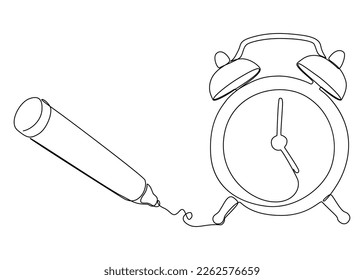 One continuous line of Alarm Clock drawn with a pencil, felt tip pen. Thin Line Illustration vector concept. Contour Drawing Creative ideas.