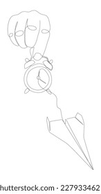 One continuous line of Alarm Clock and Paper Airplane. Thin Line Illustration vector concept. Contour Drawing Creative ideas.