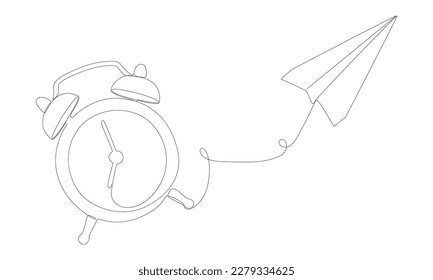 One continuous line of Alarm Clock and Paper Airplane. Thin Line Illustration vector concept. Contour Drawing Creative ideas.