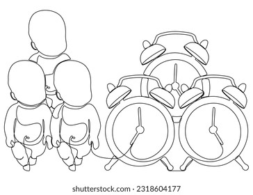 One continuous line of Alarm Clock and baby child. Thin Line Illustration vector concept. Contour Drawing Creative ideas.
