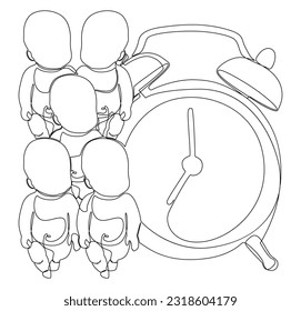 One continuous line of Alarm Clock and baby child. Thin Line Illustration vector concept. Contour Drawing Creative ideas.