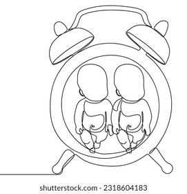 One continuous line of Alarm Clock and baby child. Thin Line Illustration vector concept. Contour Drawing Creative ideas.