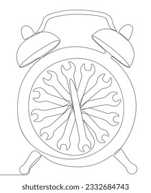 One continuous line of alarm clock with Wrench. Thin Line Illustration vector concept. Contour Drawing Creative ideas.