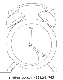 One continuous line of alarm clock with Wrench. Thin Line Illustration vector concept. Contour Drawing Creative ideas.