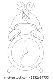 One continuous line of alarm clock with Wrench. Thin Line Illustration vector concept. Contour Drawing Creative ideas.