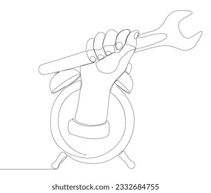 One continuous line of alarm clock with Wrench. Thin Line Illustration vector concept. Contour Drawing Creative ideas.