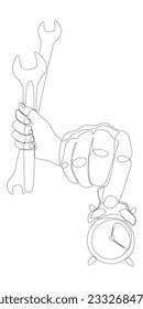 One continuous line of alarm clock with Wrench. Thin Line Illustration vector concept. Contour Drawing Creative ideas.