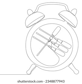 One continuous line of alarm clock with Screwdriver. Thin Line Illustration vector concept. Contour Drawing Creative ideas.
