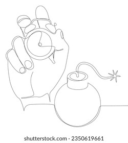 One continuous line of alarm clock with Bomb. Thin Line Illustration vector concept. Contour Drawing Creative ideas.