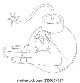 One continuous line of alarm clock with Bomb. Thin Line Illustration vector concept. Contour Drawing Creative ideas.