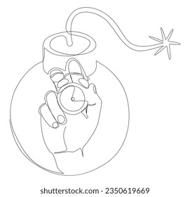 One continuous line of alarm clock with Bomb. Thin Line Illustration vector concept. Contour Drawing Creative ideas.