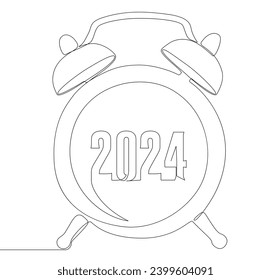 One continuous line of alarm clock with the number 2024. Thin Line holiday Illustration vector concept. Contour Drawing Creative ideas.