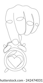 One continuous line of alarm clock with Heart. Thin Line Illustration vector Valentine's Day concept. Contour Drawing Creative ideas.