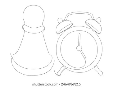 One continuous line of alarm clock with Chess Pawn. Thin Line Illustration vector concept. Contour Drawing Creative ideas.