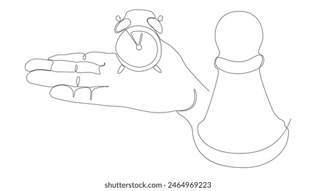 One continuous line of alarm clock with Chess Pawn. Thin Line Illustration vector concept. Contour Drawing Creative ideas.