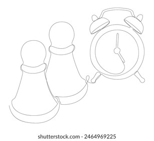 One continuous line of alarm clock with Chess Pawn. Thin Line Illustration vector concept. Contour Drawing Creative ideas.