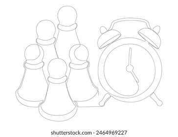 One continuous line of alarm clock with Chess Pawn. Thin Line Illustration vector concept. Contour Drawing Creative ideas.