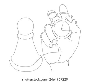 One continuous line of alarm clock with Chess Pawn. Thin Line Illustration vector concept. Contour Drawing Creative ideas.