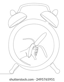 Eine durchgehende Linie Wecker mit Banana. Dünne Linie Illustration Vektorkonzept. Kontur Zeichnung Kreative Ideen.