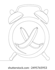 Una línea continua de despertador con Banana. Concepto de Vector de ilustración de línea delgada. Contour Dibujo Ideas creativas.