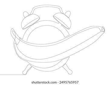 Una línea continua de despertador con Banana. Concepto de Vector de ilustración de línea delgada. Contour Dibujo Ideas creativas.