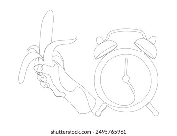 Eine durchgehende Linie Wecker mit Banana. Dünne Linie Illustration Vektorkonzept. Kontur Zeichnung Kreative Ideen.