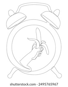 Una línea continua de despertador con Banana. Concepto de Vector de ilustración de línea delgada. Contour Dibujo Ideas creativas.