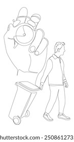 One continuous line of alarm clock and man with Garbage Bin. Thin Line Illustration vector concept. Contour Drawing Creative ideas.