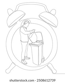 One continuous line of alarm clock and man with Garbage Bin. Thin Line Illustration vector concept. Contour Drawing Creative ideas.