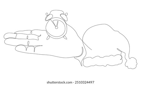 One continuous line of alarm clock with Santa Claus Hat. Thin Line Illustration vector time of Christmas concept. Contour Drawing Creative ideas.