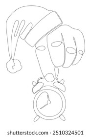 One continuous line of alarm clock with Santa Claus Hat. Thin Line Illustration vector time of Christmas concept. Contour Drawing Creative ideas.