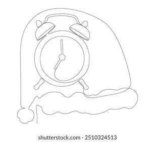 Uma linha contínua de relógio de alarme com Chapéu Papai Noel. Tempo vetorial de ilustração de linha fina do conceito de Natal. Desenho de contorno Ideias criativas.