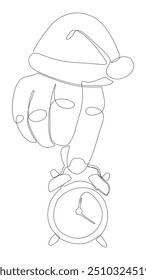 One continuous line of alarm clock with Santa Claus Hat. Thin Line Illustration vector time of Christmas concept. Contour Drawing Creative ideas.